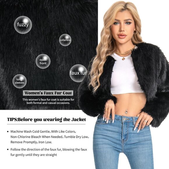 Women Black Cropped Fur Coat for Faux Furry Long Sleeve Cropped Fluffy Jacket - Picture 5 of 6